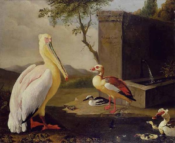 Adriaen Coorte Pelican and ducks in a mountain landscape or Oriental Birds